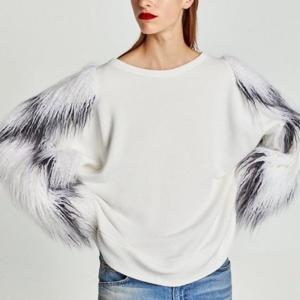 Zara White Sweater with Black-Trim Faux Fur Sleeves